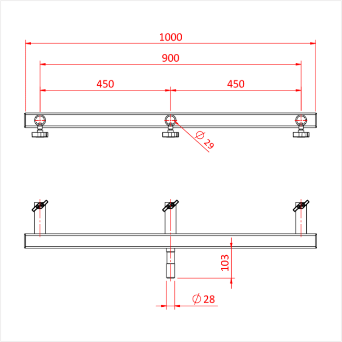 Barre en T JUNIOR sur spigot 28mm avec 3 récepteurs pour spigot 28mm