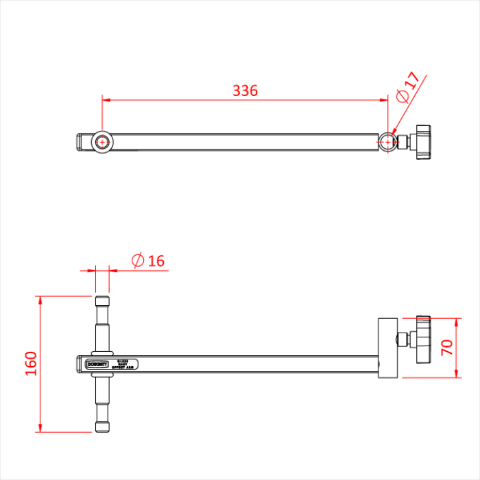 Bras déporté BABY avec récepteur 17mm et 2 spigots 16mm