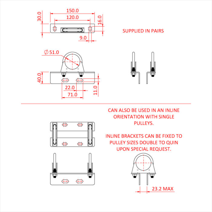 Equerre 150mm (B) avec boulon "U" pour poulie sur tube de 48-51mm, CMU 150kg (la paire)