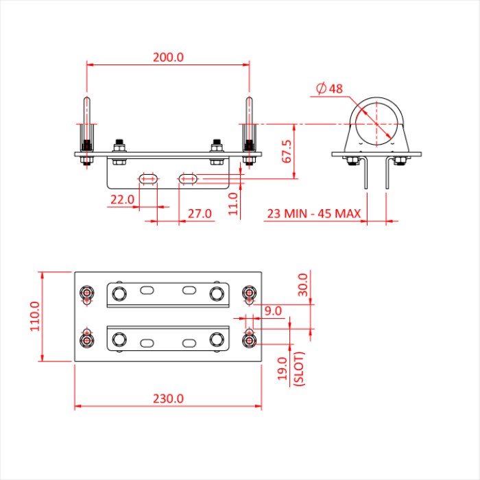 Equerres avec 2 boulons en "U" pour la fixation de poulie sur un tube de 48-51mm, CMU 150kg, noir