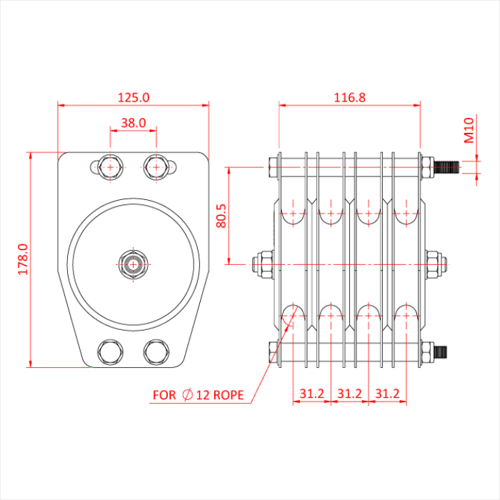 Poulie standard 100mm (quadruple rainure) (pour corde)