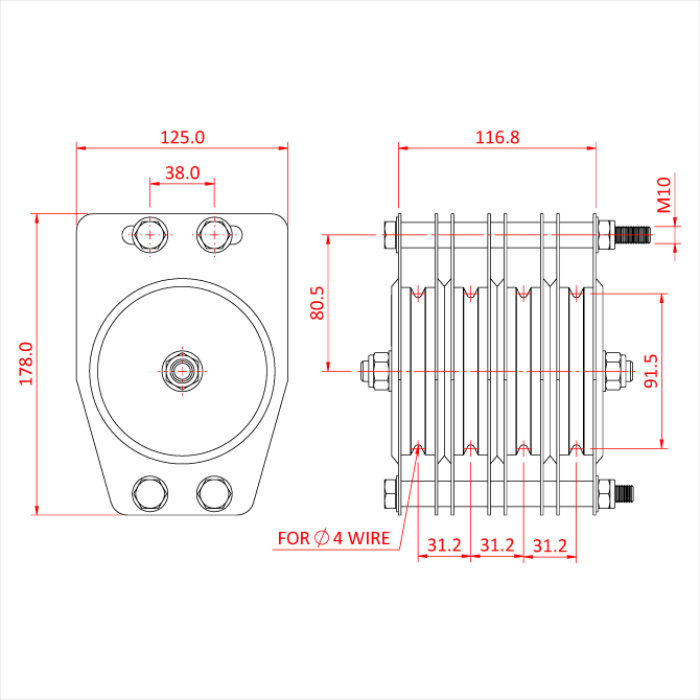 Poulie standard 100mm (quadruple rainure) (pour câble)
