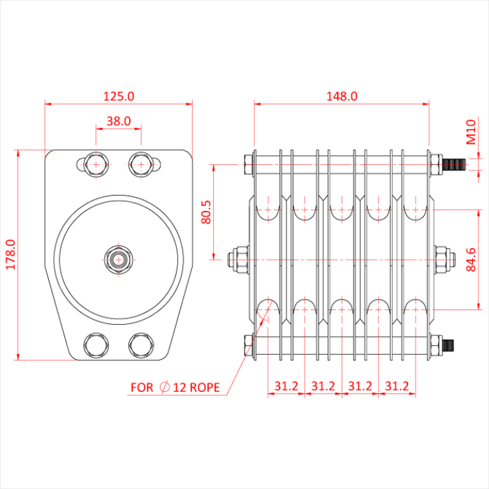 Poulie standard 100mm (quintuple rainure) (pour corde)