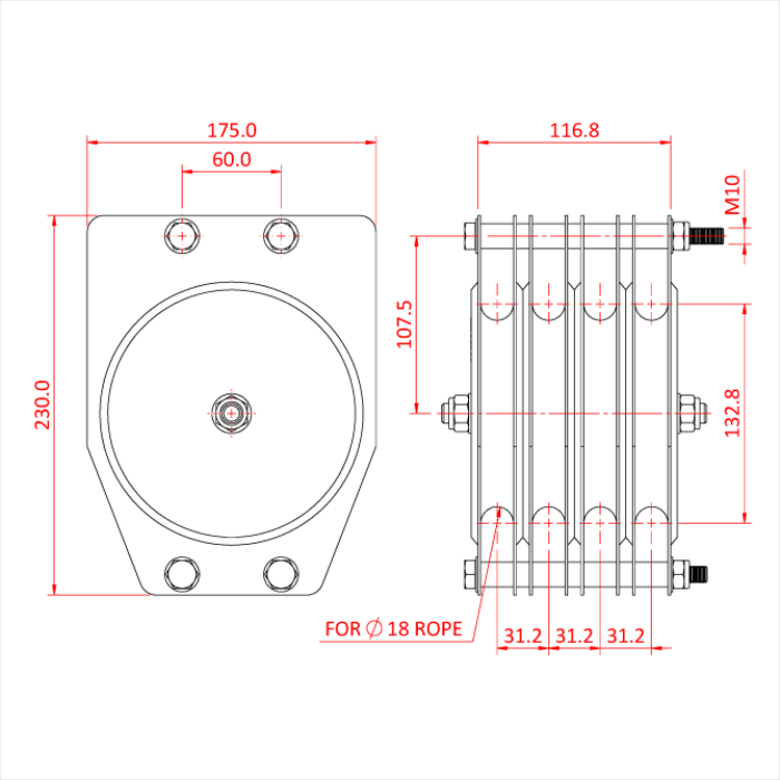 Poulie standard 150mm (quadruple rainure) (pour corde)