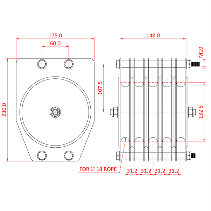Poulie standard 150mm (quintuple rainure) (pour corde)