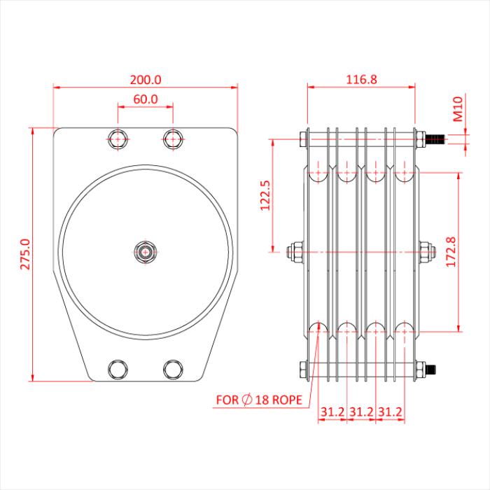 Poulie standard 180mm (quadruple rainure) (pour corde)