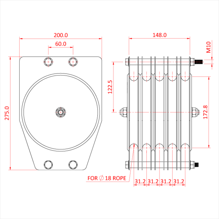 Poulie standard 180mm (quintuple rainure) (pour corde)