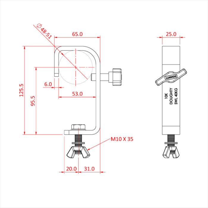 Crochet STANDARD pour tube de 48-51mm, avec vis et écrou, CMU 40kg, noir