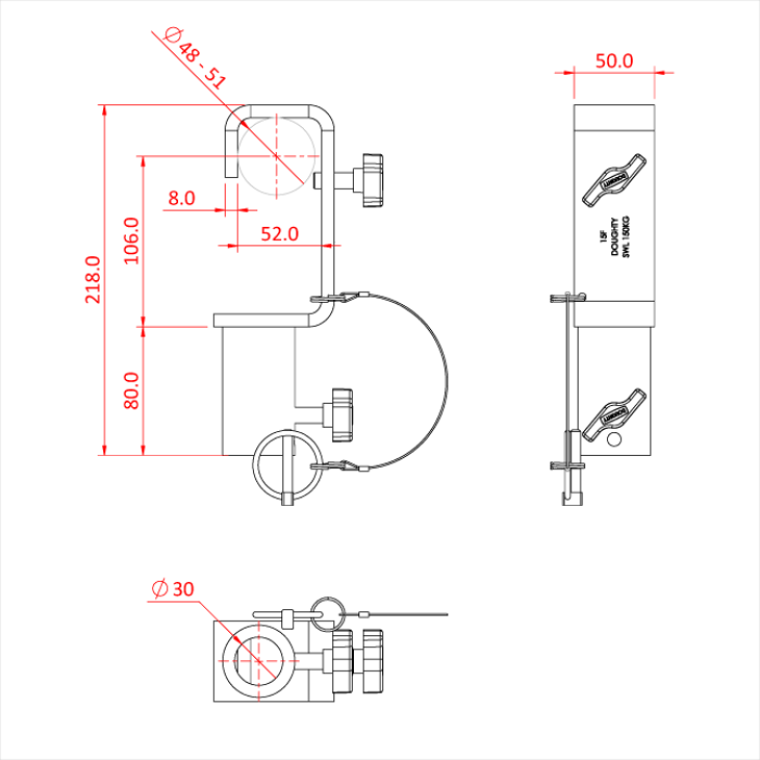 Crochet TV avec récepteur spigot 28mm pour tube de 48-51mm, CMU 150kg, noir