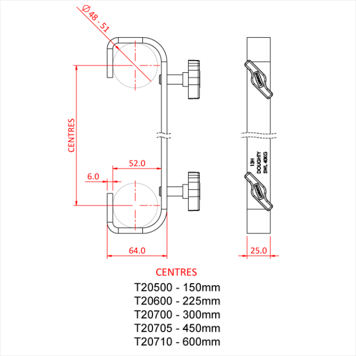 Double crochet parallèle pour tubes de 48-51mm (entraxe 225mm), CMU 40kg