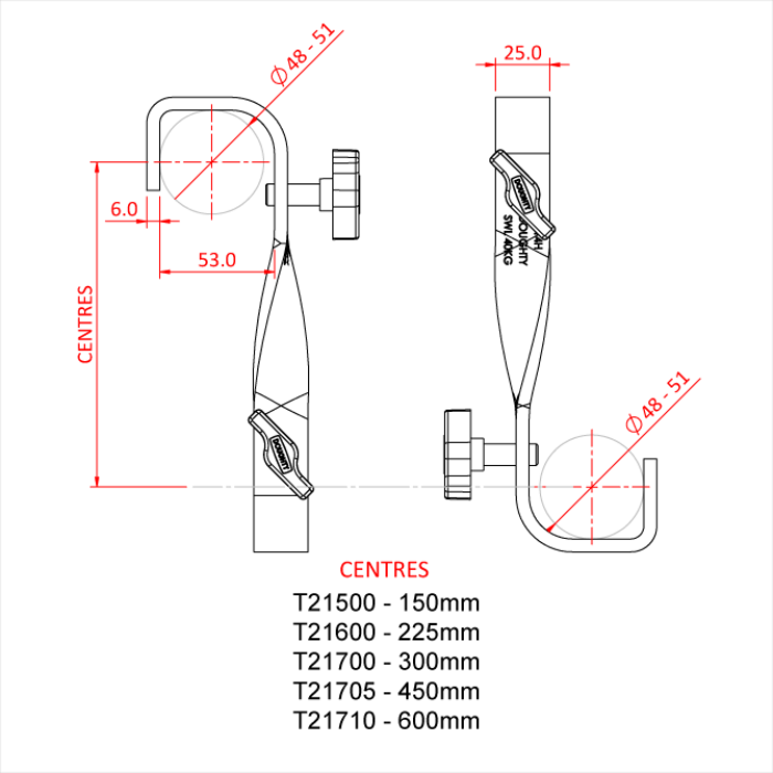 Double crochet vrillé 90° pour tubes de 48-51mm (entraxe 600mm), CMU 40kg