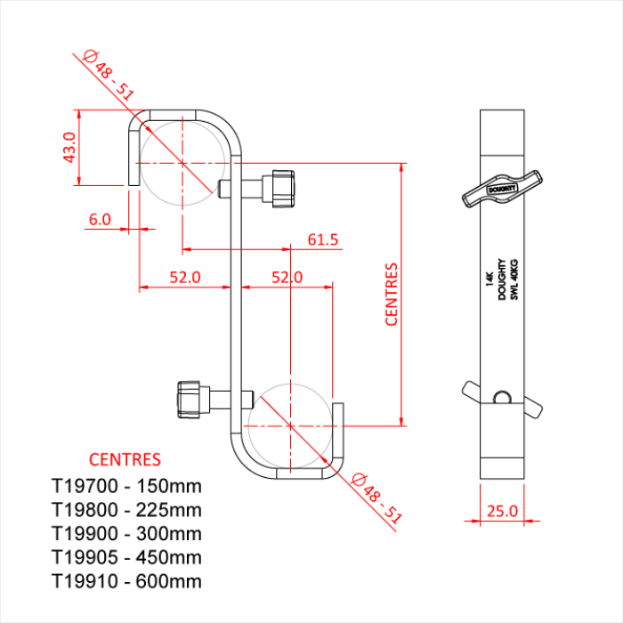 Double crochet vrillé 180° pour tubes de 48-51mm (entraxe 450mm), CMU 40kg