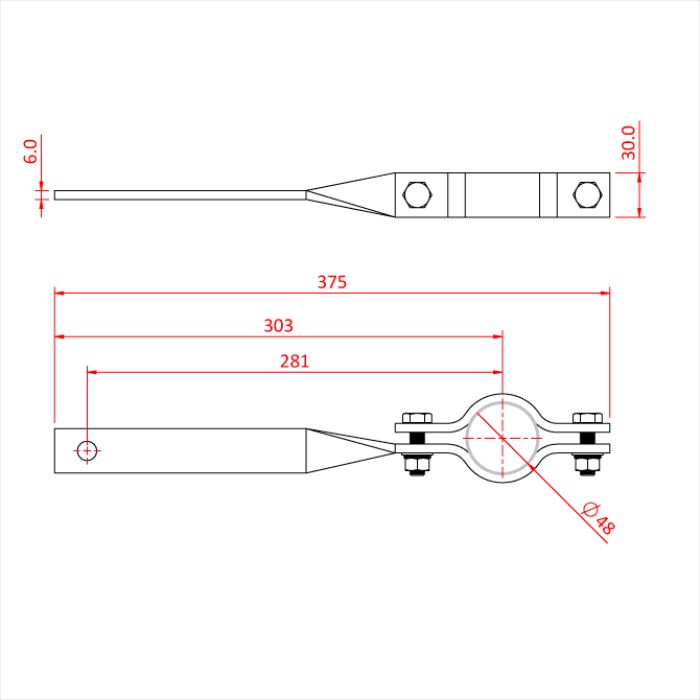 Bras de force acier pour tube de 48mm, vrillé, CMU 12kg