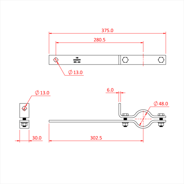 Bras de force acier pour tube de 48mm, droit avec point de sécurité, CMU 12kg