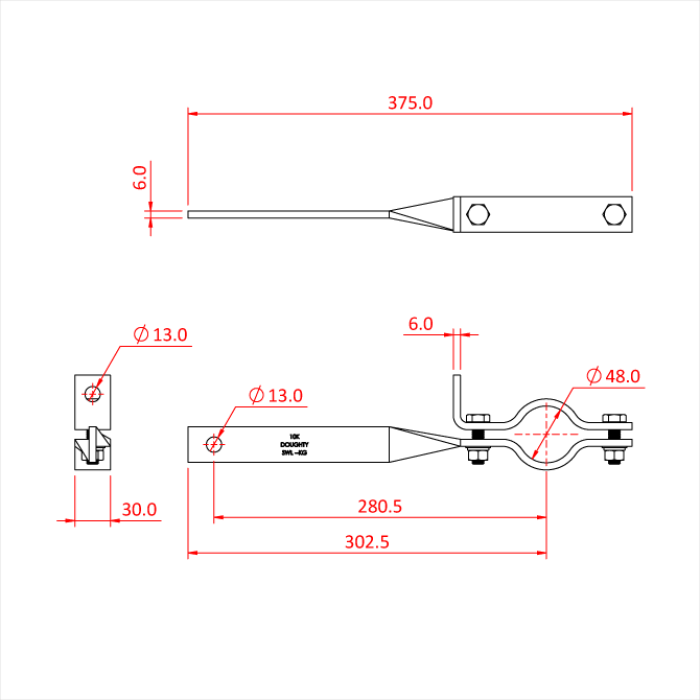 Bras de force acier pour tube de 48mm, vrillé avec point de sécurité, CMU 12kg