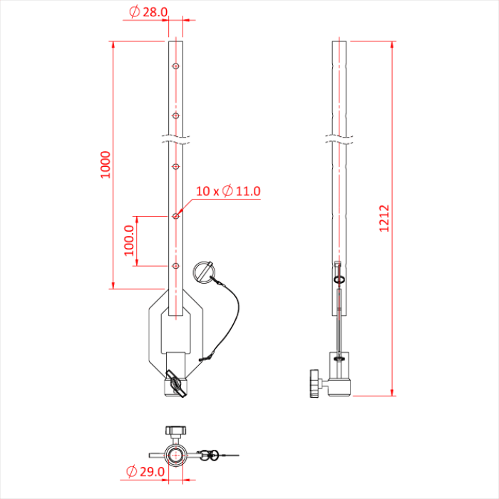 Bras tombant ajustable en tube de 28mm avec récepteur pour spigot 28mm, 100cm, noir