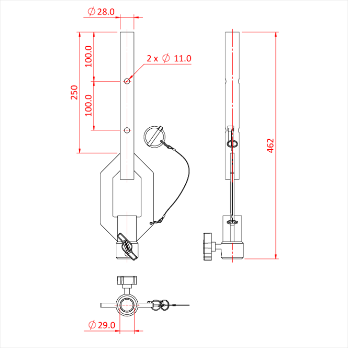Bras tombant ajustable en tube de 28mm avec récepteur pour spigot 28mm, 25cm, noir