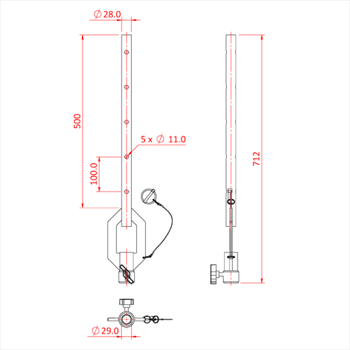 Bras tombant ajustable en tube de 28mm avec récepteur pour spigot 28mm, 50cm, noir