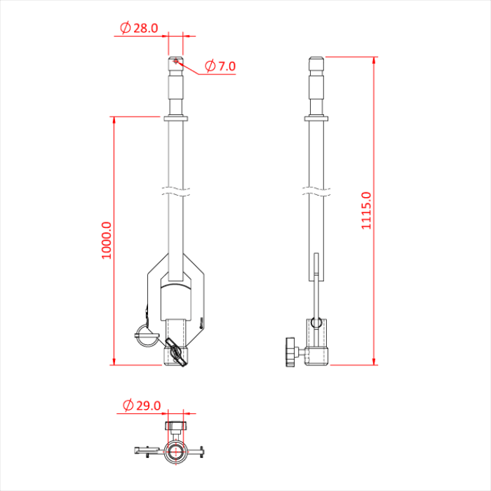Bras "tombant" avec récepteur 29mm et spigot 28mm, 100cm, CMU 100kg
