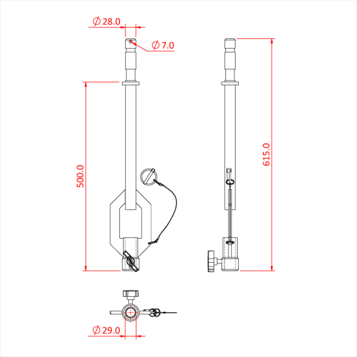 Bras "tombant" avec récepteur 29mm et spigot 28mm, 50cm, CMU 100kg