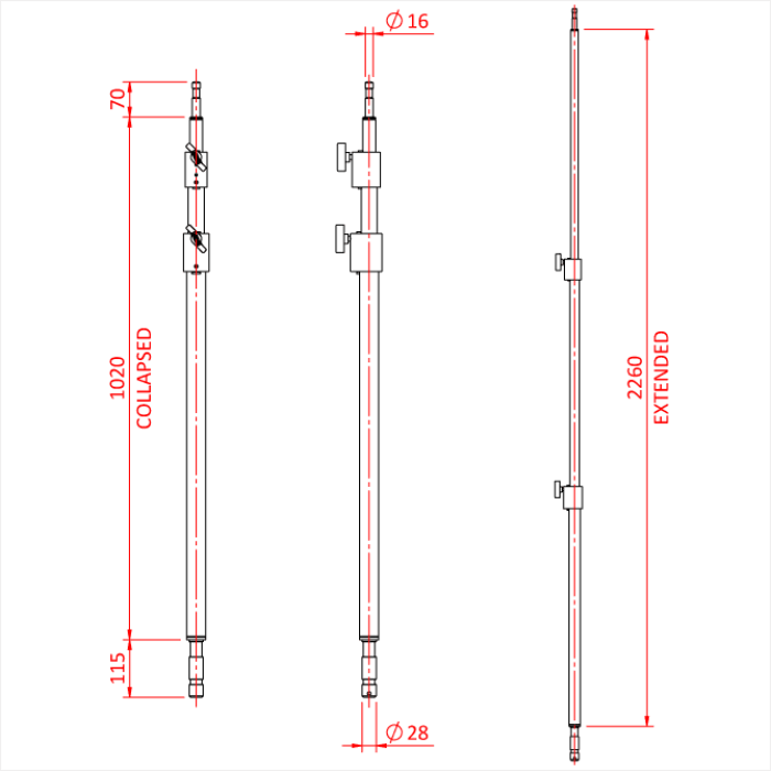 Barre 2 sections avec spigot 16 et 28mm, 1'020-2'260mm, gamme Shadow, noir 