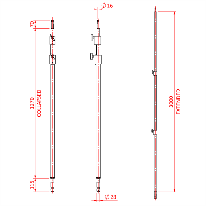 Barre 2 sections avec spigot 16 et 28mm, 1'270-3'000mm, gamme Shadow, noir 