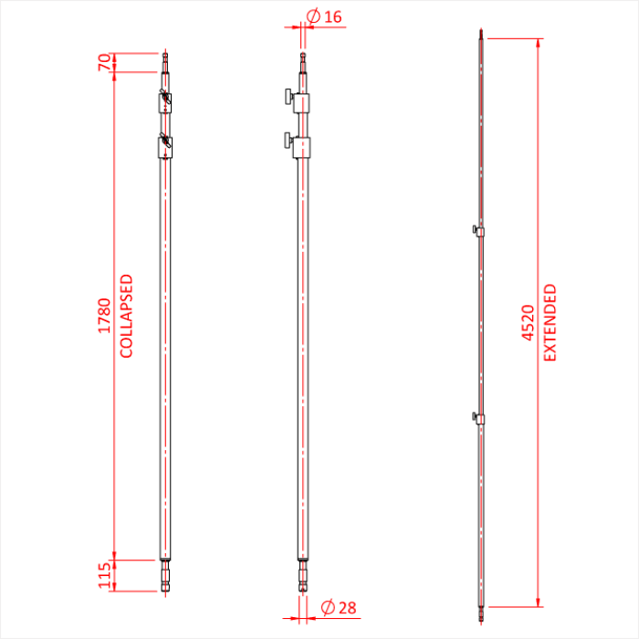 Barre 2 sections avec spigot 16 et 28mm, 1'780-4'520mm, gamme Shadow, noir 