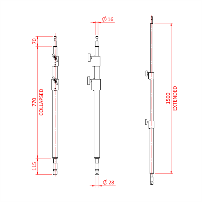 Barre 2 sections avec spigot 16 et 28mm, 770-1'500mm, gamme Shadow, noir 