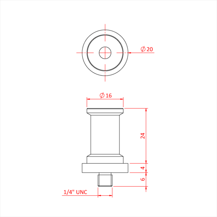 Spigot enclenchement 16mm sur spigot UNC 1/4" UNC