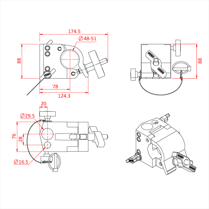 Collier BARREL SOCKET avec récepteur pour spigot 28mm + 16mm, CMU 250kg, noir