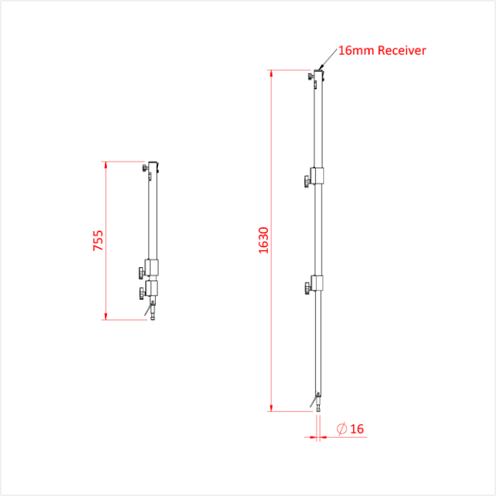 Perche charge légère 3 sections 755-1'630mm avec spigot 16mm et récepteur pour spigot 16mm, CMU 10kg, noir