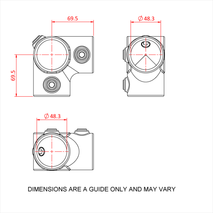 Coude 90° galvanisé avec tube passant haut-bas pour tubes de 48mm