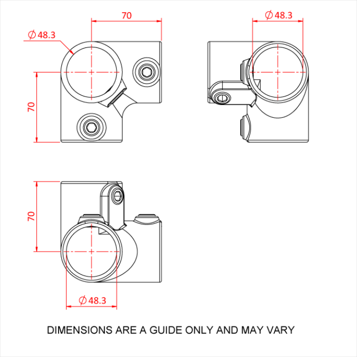 Coude de serrage 3-voies galvanisé pour tubes de 48mm