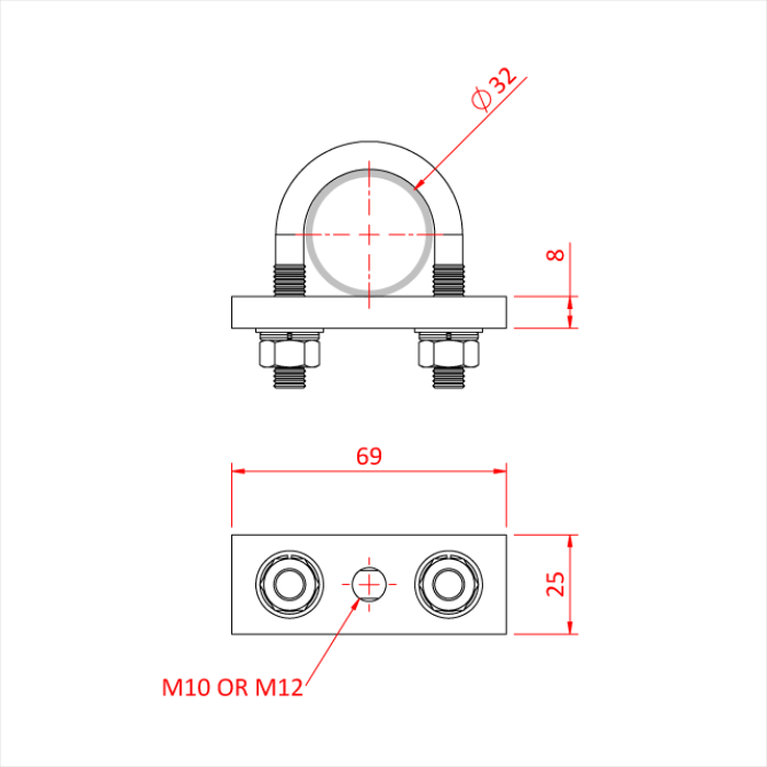 Boulon en U 32mm avec plaque galvanisée à pas de vis M10