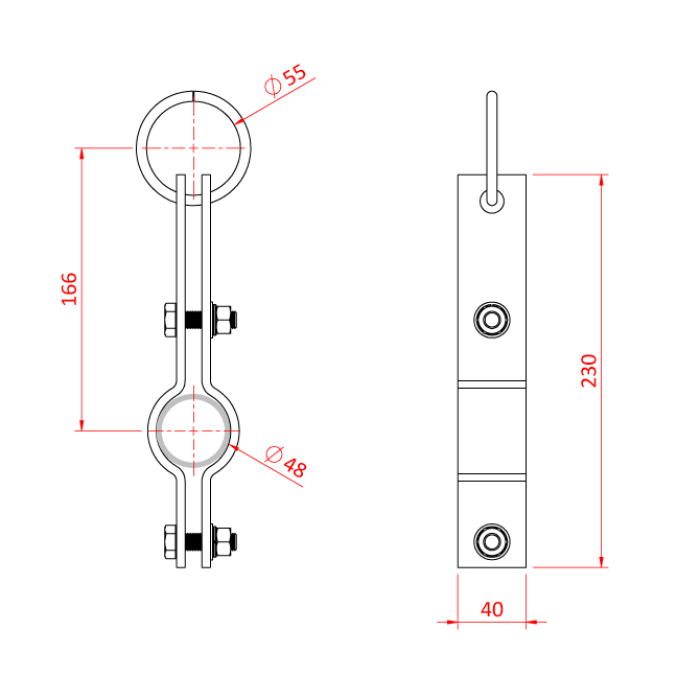 Pince de suspension 48mm avec œillet, noir