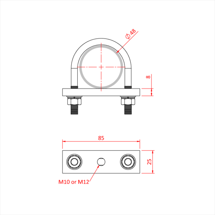 Boulon en U 48mm avec plaque galvanisée à pas de vis M10