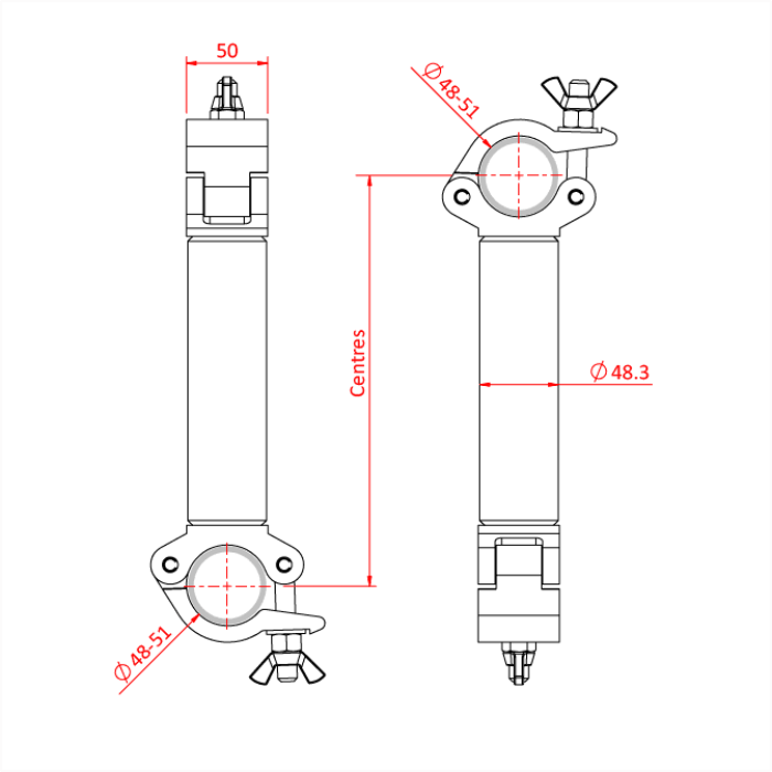 Double collier fix 90° entraxe 1'000mm pour tubes de 48-51mm