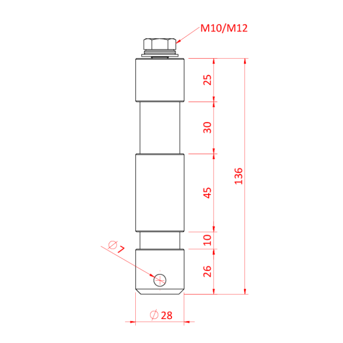 Spigot 28mm avec pas de vis M12, aluminium, long, spéc. EURO