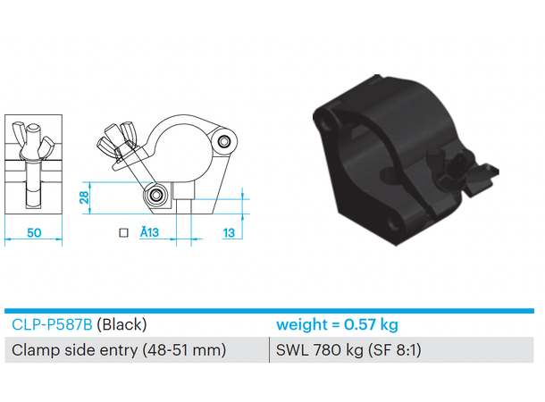 [CLP-P587B-10] CLAMP SIDE ENTRY - SWL 780KG FOR 48-51MM TUBE, BLACK, BOX 10 PCS
