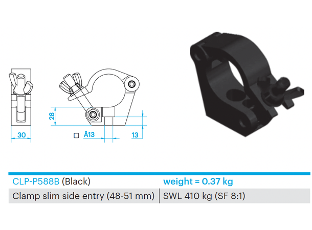 [CLP-P588B-10] CLAMP SLIM SIDE ENTRY - SWL 410KG FOR 48-51MM TUBE, BLACK, BOX 10 PCS