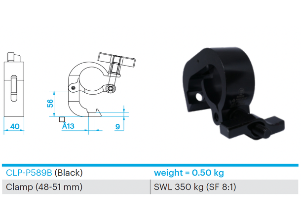 CLAMP - SWL 350KG FOR 48-51MM TUBE, BLACK, BOX 10 PCS