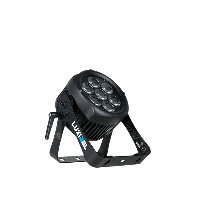 B PAR105RGBW V2 avec 7 LED RVBB de 15W, 15°, IP65, lyre double avec plaque oméga 1/4 de tour et TOPHAT ("compatible" avec structure de 39)