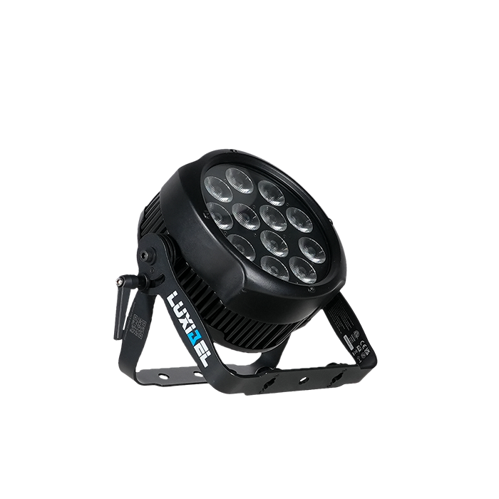 B PAR180RGBW V2, IP65 avec 12 LED RVBB de 15 W, 25°, DMX, lyre double avec plaque oméga 1/4 de tour et TOPHAT, extracteur d'humidité