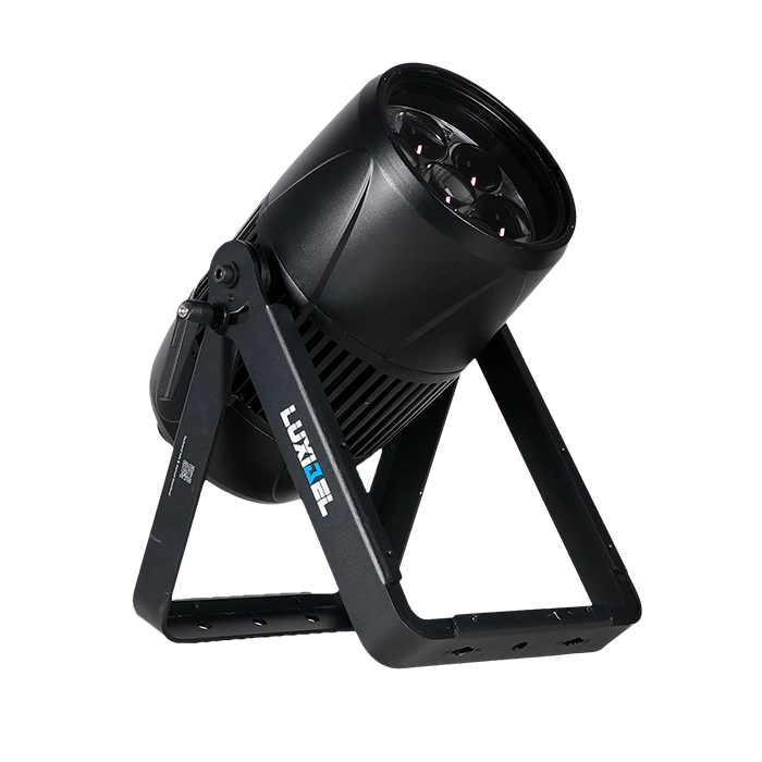 B PAR360Z; zoompar avec 7 LED RVBB de 60W, IP65, zoom de 4.3°-45°, 1'200Hz, DMX, consommation 370 Watts