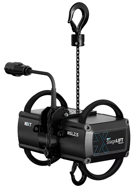 StageLift 2.5; palan D8+ 250Kg DC, 18 m de chaine, crochet de suspension et crochet d'accroche